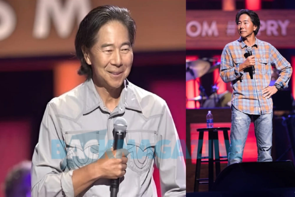 Henry Cho performing stand-up comedy with net worth details highlighted.