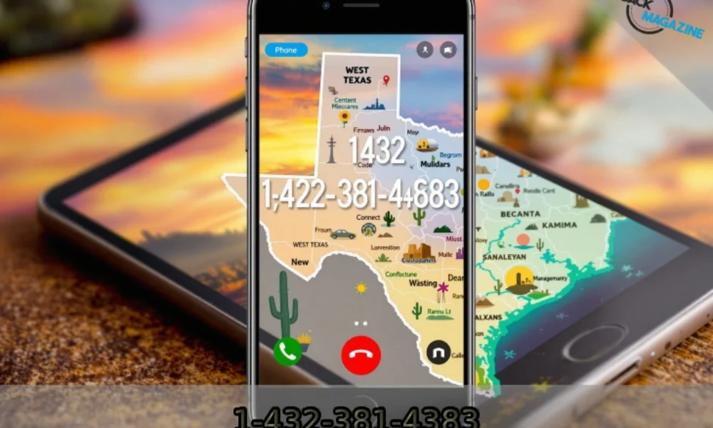 Phone displaying 1-432-381-4383, connecting callers to the heart of West Texas' 432 area code region.