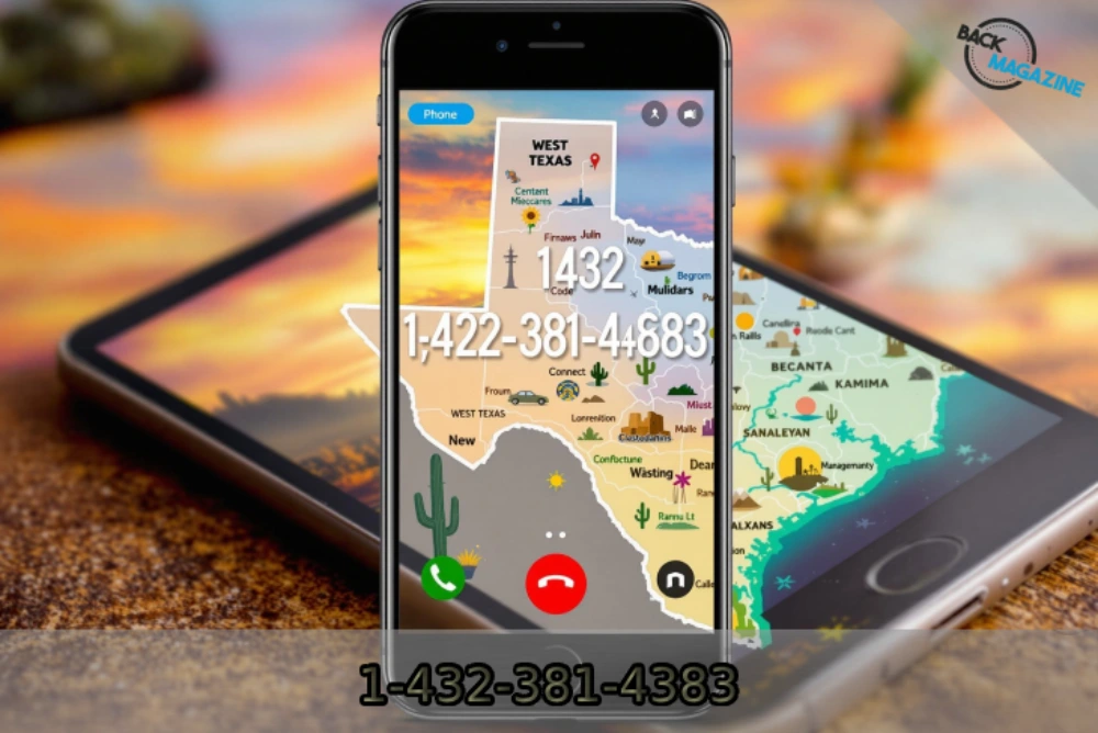 Phone displaying 1-432-381-4383, connecting callers to the heart of West Texas' 432 area code region.