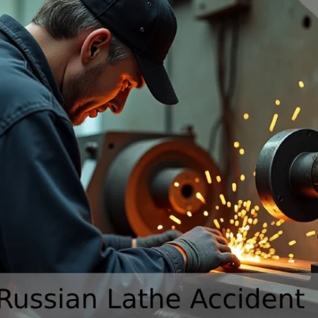 Russian lathe accident​​ scene showing industrial machinery with safety warnings