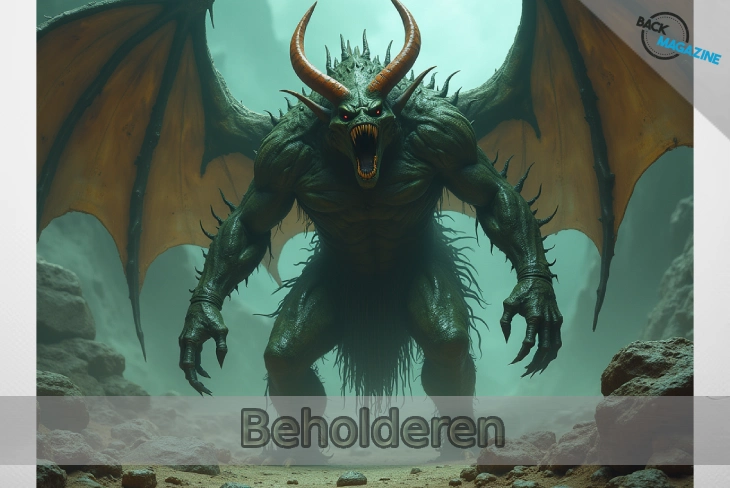 A beholderen, a floating spherical creature with multiple eyes, hovers menacingly in a dark dungeon.