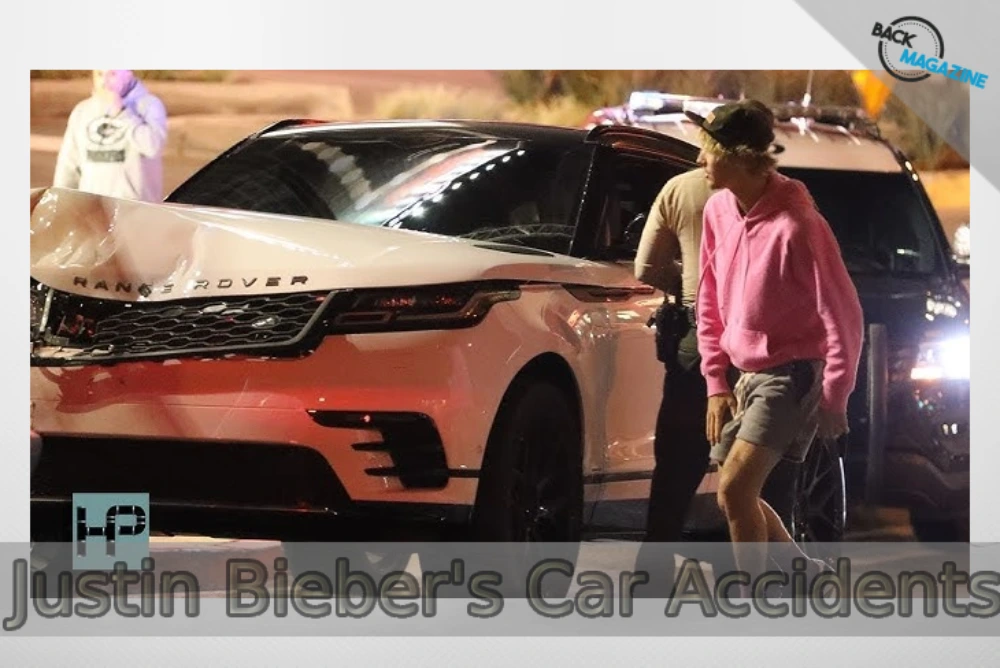 Justin Bieber car accident scene with paparazzi and police presence.